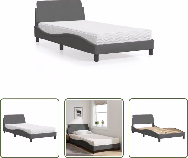 The Living Store Letto con materasso in tessuto grigio scuro 100x200 cm