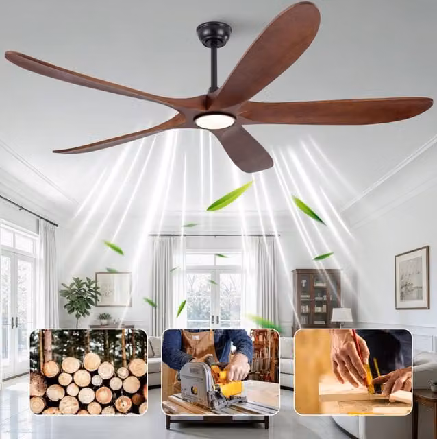 Ventilatore da soffitto LED 176x176x31 cm in legno nero, 6 velocità, per camera –