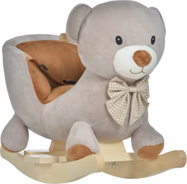 Cavallino a dondolo orsetto Xylo in tessuto grigio con suono e cintura per bambini 18-36 mesi L/P/H: 60 x 33 x 50 cm