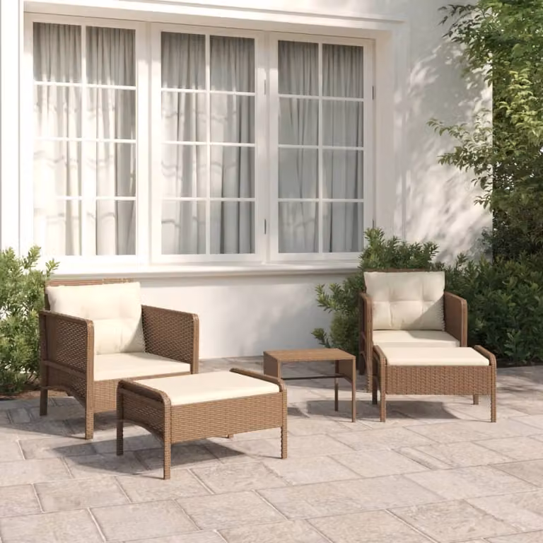 Set da giardino vidaXL composto da 5 pezzi in polyrattan marrone con cuscini e tavolino da esterno
