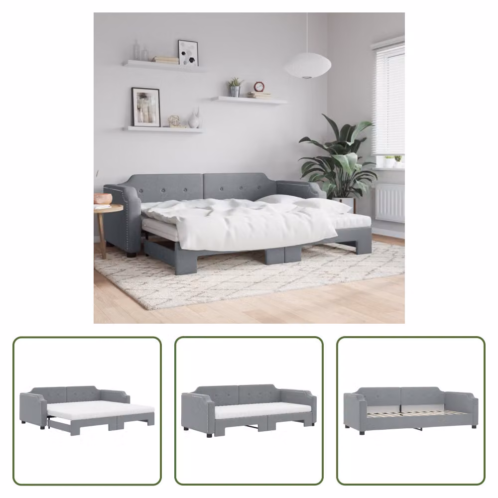 The Living Store Letto da giorno allungabile con materasso grigio chiaro 80x200 cm in tessuto