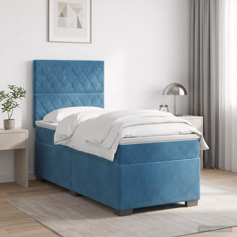 Letto box spring con materasso vidaXL in velluto blu e bianco, L/P/H: 200 x 80 x 76 cm