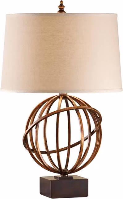 Lampada da scrivania contemporanea Spencer FEISS in acciaio oro e legno con paralume in tessuto beige e attacco E27