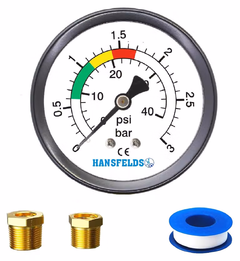 Manometro per piscina, quadrante da 63 mm, 0–3 bar/psi, attacco G1/4" BSP posteriore, classe di precisione 1,6