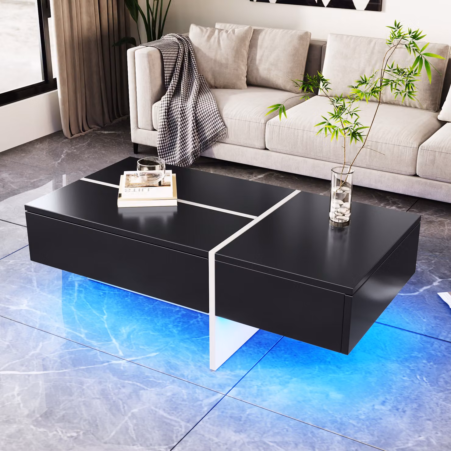 MODFU Tavolino da salotto lucido con illuminazione a LED controllabile tramite app, tavolino rettangolare con 3 cassetti, 100x50x34,5 cm, nero