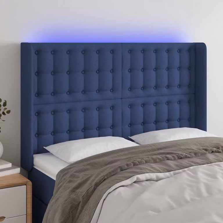 Testiera con LED e porta USB vidaXL in tessuto blu, L: 147 cm, P: 16 cm, H: 118-128 cm