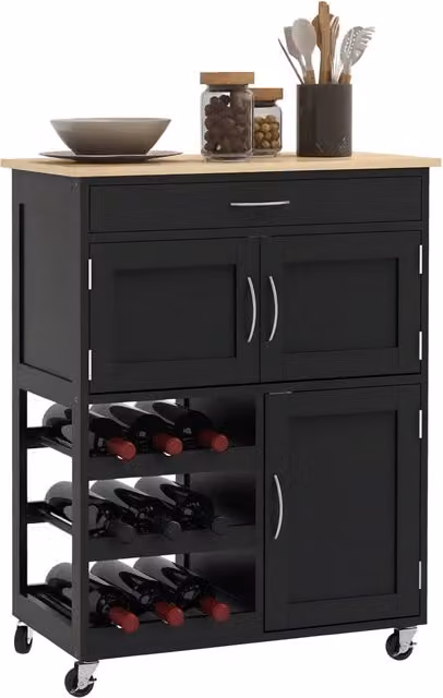 Carrello da Cucina con Portabottiglie ¨C Xylo ¨C Legno Nero e Rovere, 3 Ante e Cassetto, 67x37x87 cm