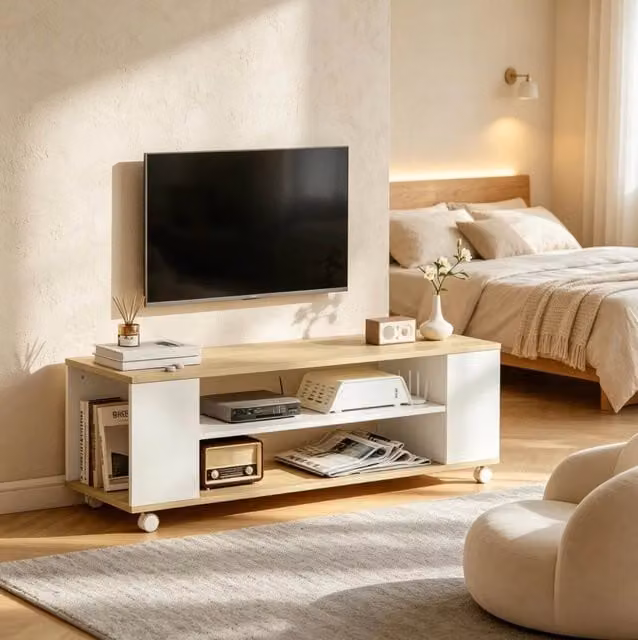 Mobile TV 120x40x38,5 cm, truciolato bianco e naturale, ruote, soggiorno –
