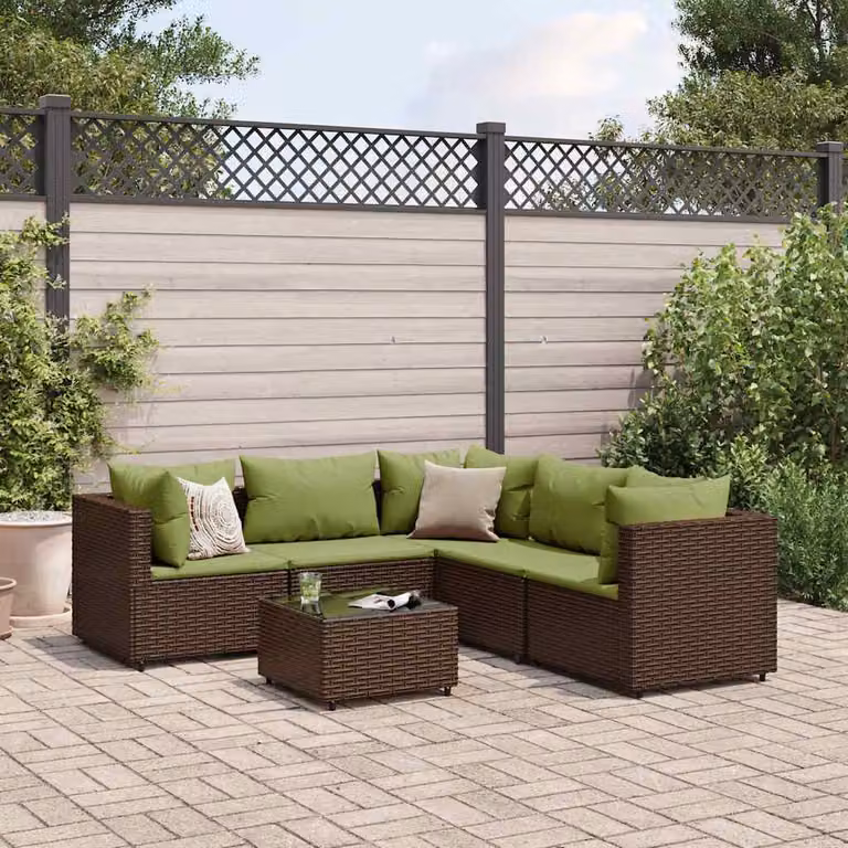 Set Mobili da Giardino vidaXL 6pz a Forma di L con Cuscini Marrone e Verde in Polyrattan e Acciaio