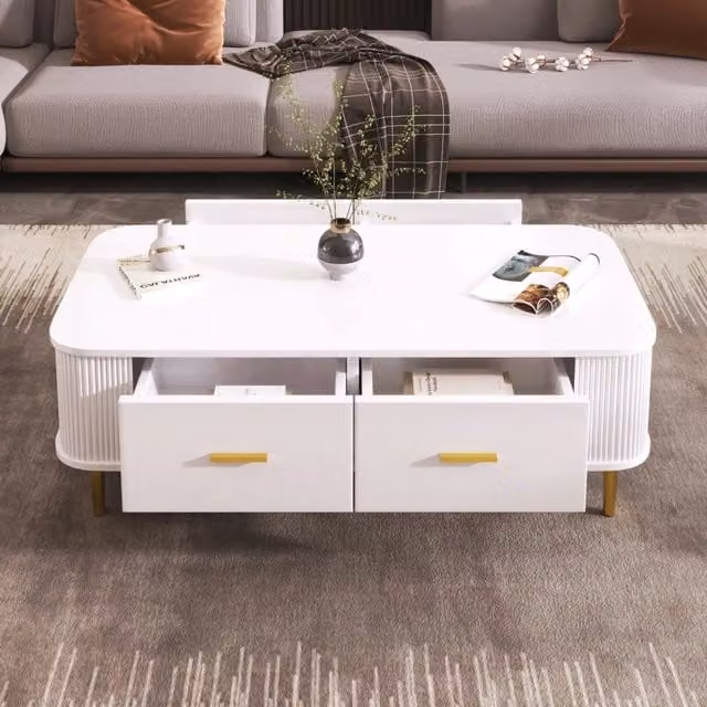 Tavolino da salotto Zephmum rettangolare con cassetti, design moderno con angoli curvi e dettagli bianchi e oro, L: 51 cm, P: 38 cm, H: 51 cm