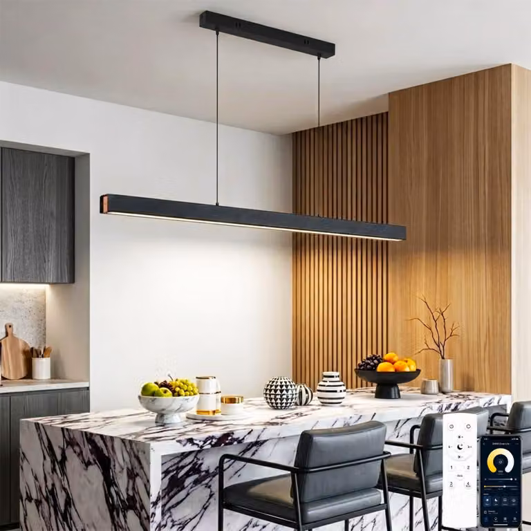 Lampada a sospensione LED per sala da pranzo, con telecomando e controllo tramite app, finitura effetto legno, colore nero, lunghezza 120 cm