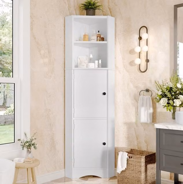 Mobile bagno angolare ULEVR 51,7x32x155,4 cm con 2 ante, 2 vani aperti e ripiani regolabili, bianco