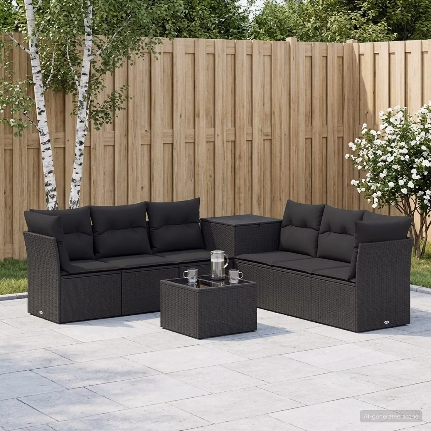 Set di divani da giardino vidaXL 8 pezzi in rattan sintetico e metallo nero con cuscini e tavolino da caffè