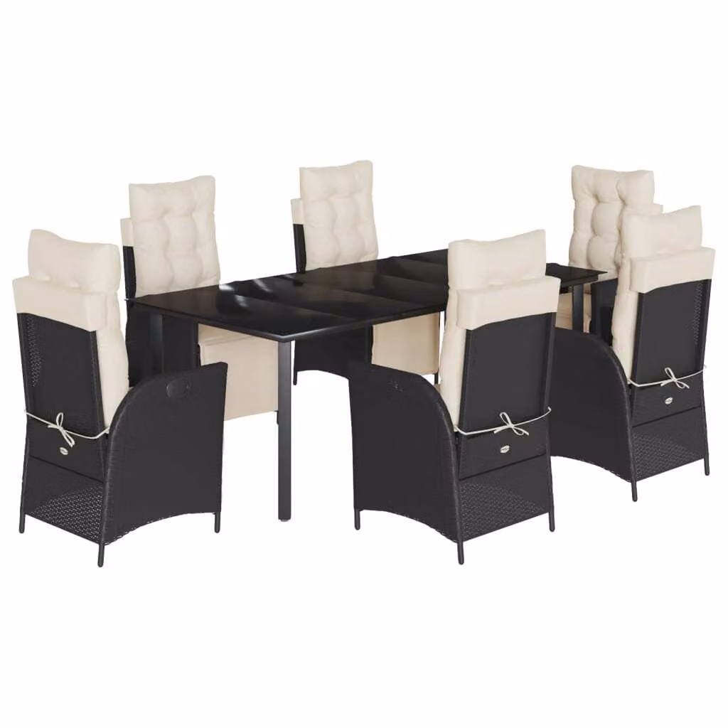 Set da Pranzo da Giardino 7 pz Nero con Cuscini in Polyrattan
