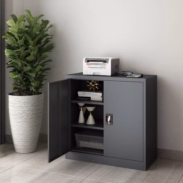 Armadietto da Ufficio Molise en.casa in Acciaio con 2 Ripiani Regolabili e Chiusura a Chiave - Grigio Opaco - H: 90 cm, L: 40 cm, P: 40 cm