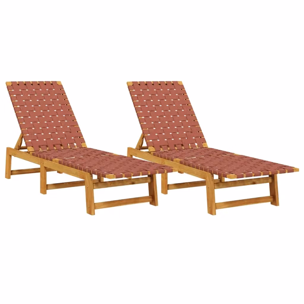 Set di 2 lettini prendisole vidaXL in legno di acacia oliato e tessuto rosso e marrone con poggiatesta regolabile – 2