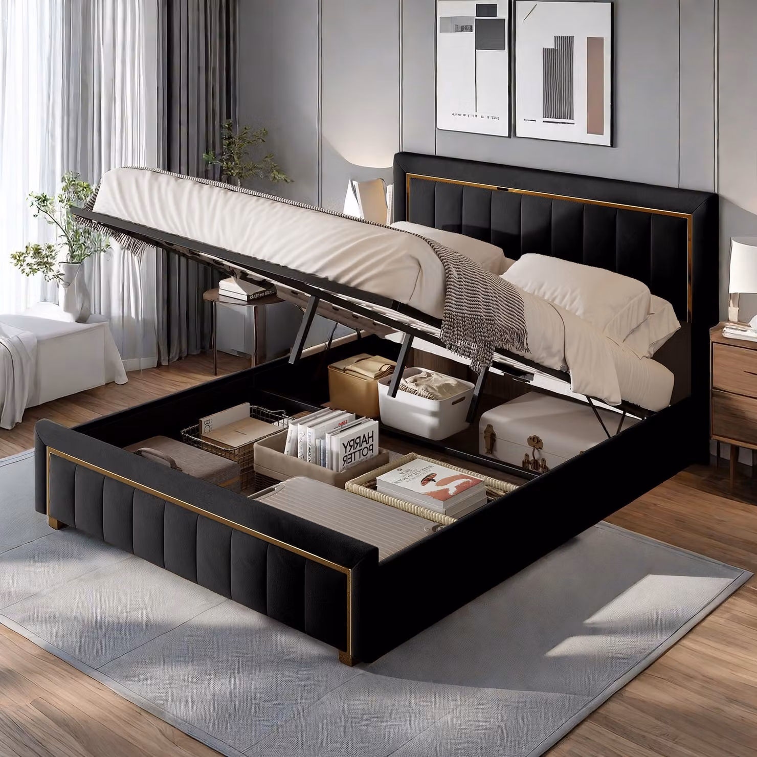 Letto imbottito ProximaX, letto a molle idrauliche 160x200cm con rete a doghe e contenitore, letto matrimoniale in legno letto per ragazzi in Pelle finta, nero