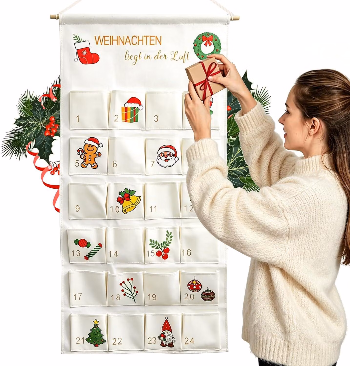 Calendario dell'Avvento da riempire, con 24 scomparti, riutilizzabile, decorazione da parete
