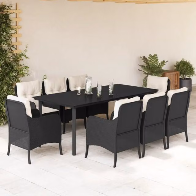 Set da pranzo da giardino vidaXL in polyrattan nero con cuscini e tavolo in vetro per 9 persone – 1