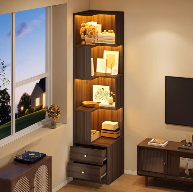 Libreria angolare ULEVR 45x43,5x180 cm con 4 ripiani aperti, 2 cassetti e LED controllabile via app, marrone