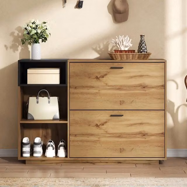 Scarpiera Minimal a due ante con ripiani in MDF colore rovere nero L: 120 cm, P: 32 cm, H: 84,5 cm