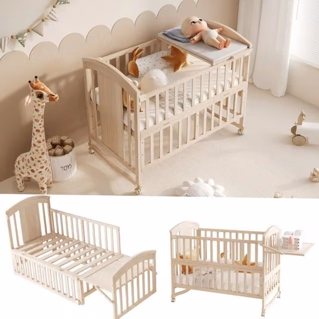 Lettino Neonato Legno Massello 120x60 Allungabile Culla Fianco Letto con Fasciatoio Naturale