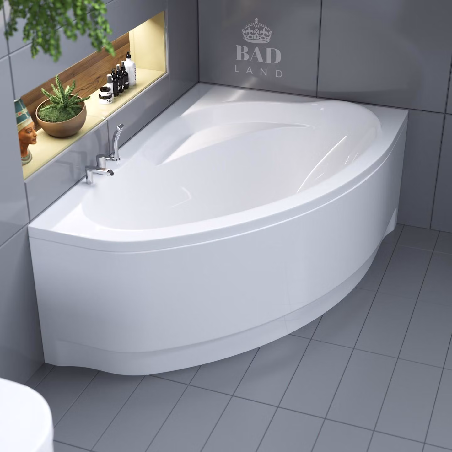 Vasca da bagno angolare 160x100 destra con grembiule in acrilico, set di scarico e piedini GRATIS | set completo 4in1 originale sifone da bagno in acrilico | BADLAND MAREA
