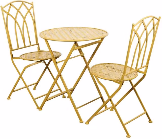 Set da giardino Casa Collection composto da tavolo quadrato e 3 sedie in metallo color ocra opaco, L/P/H: 60 x 60 x 70 cm per il tavolo e L/P/H: 50 x 40 x 95 cm per la sedia