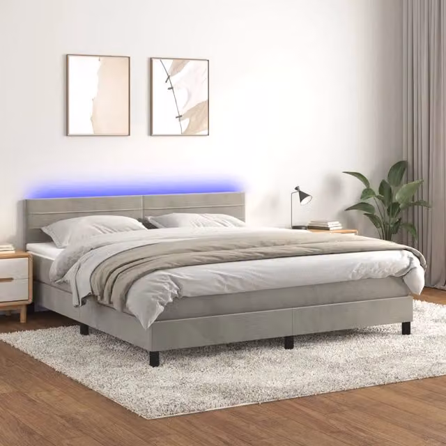 Letto matrimoniale con materasso ibrido vidaXL in velluto grigio chiaro con illuminazione LED e porta USB L/P: 160 x 200 cm – 1