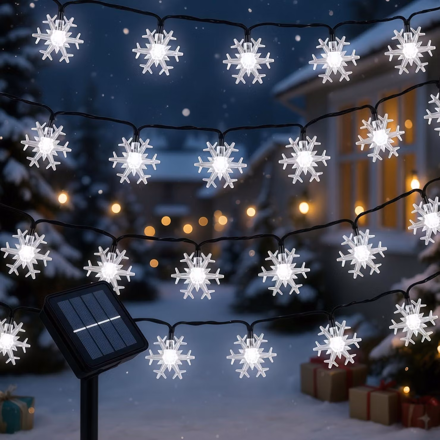 Catena luminosa solare, 10 metri, 80 LED, a forma di fiocchi di neve, bianca, 8 modalità