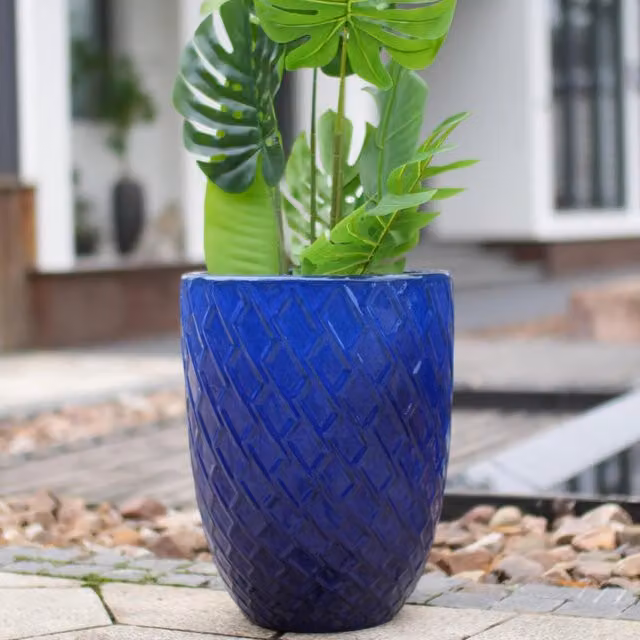 Vaso da giardino in ceramica Minimal blu reale con motivo geometrico a rombi L: 42 cm, H: 54 cm – 1