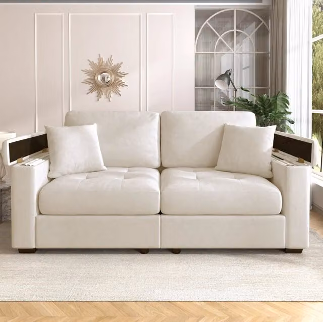 Divano 2 posti in ciniglia beige con contenitore nei braccioli e 2 cuscini HOMVRA