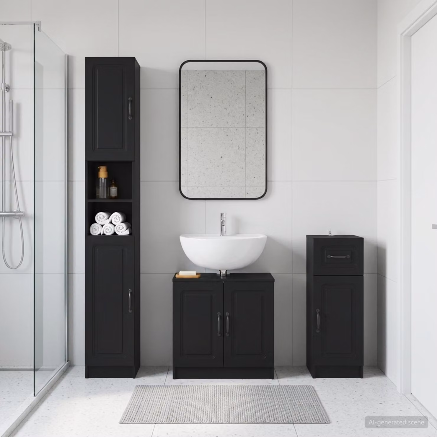 Set di 3 armadietti da bagno moderni vidaXL UTRECHT in legno MDF nero opaco L/P/H: 31,5 x 48,89 x 190 cm, 59,5 x 31,5 x 190 cm e 31,5 x 48,89 x 59,5 cm