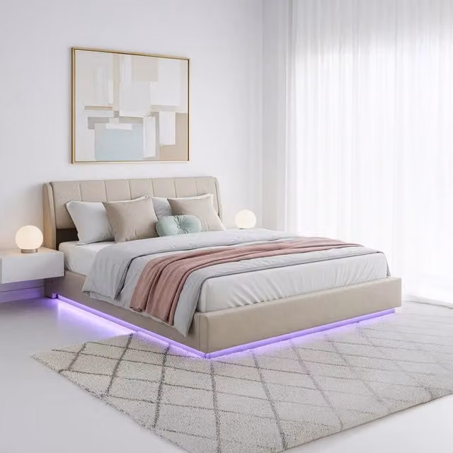 Letto Matrimoniale King Size Contenitore Tröstiar en.casa con Apertura a Ribalta, Luce LED e Rivestimento Effetto Lino Beige, L/P: 180 x 200 cm