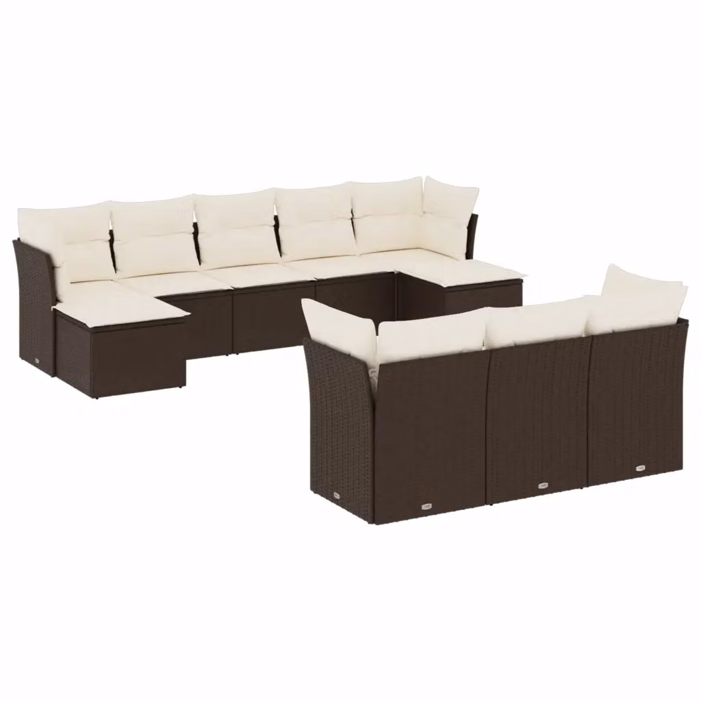 vidaXL Set Divani da Giardino 10 Pezzi in Polyrattan Marrone con Cuscini Bianchi e Struttura in Metallo – 2