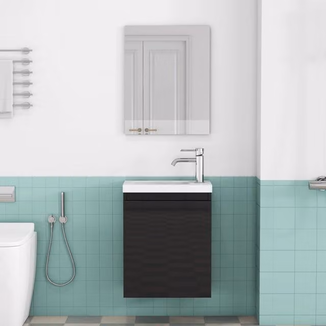 Mobile bagno sospeso nero con lavabo in ceramica e specchio