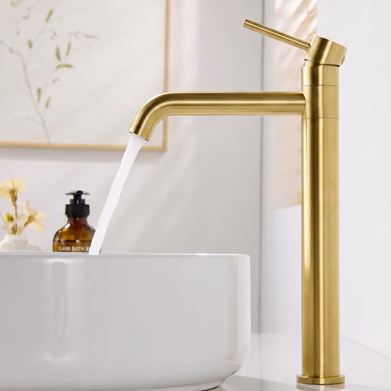 Rubinetto da bagno, rotazione a 360°, finitura dorata spazzolata, con due manopole, in acciaio inossidabile