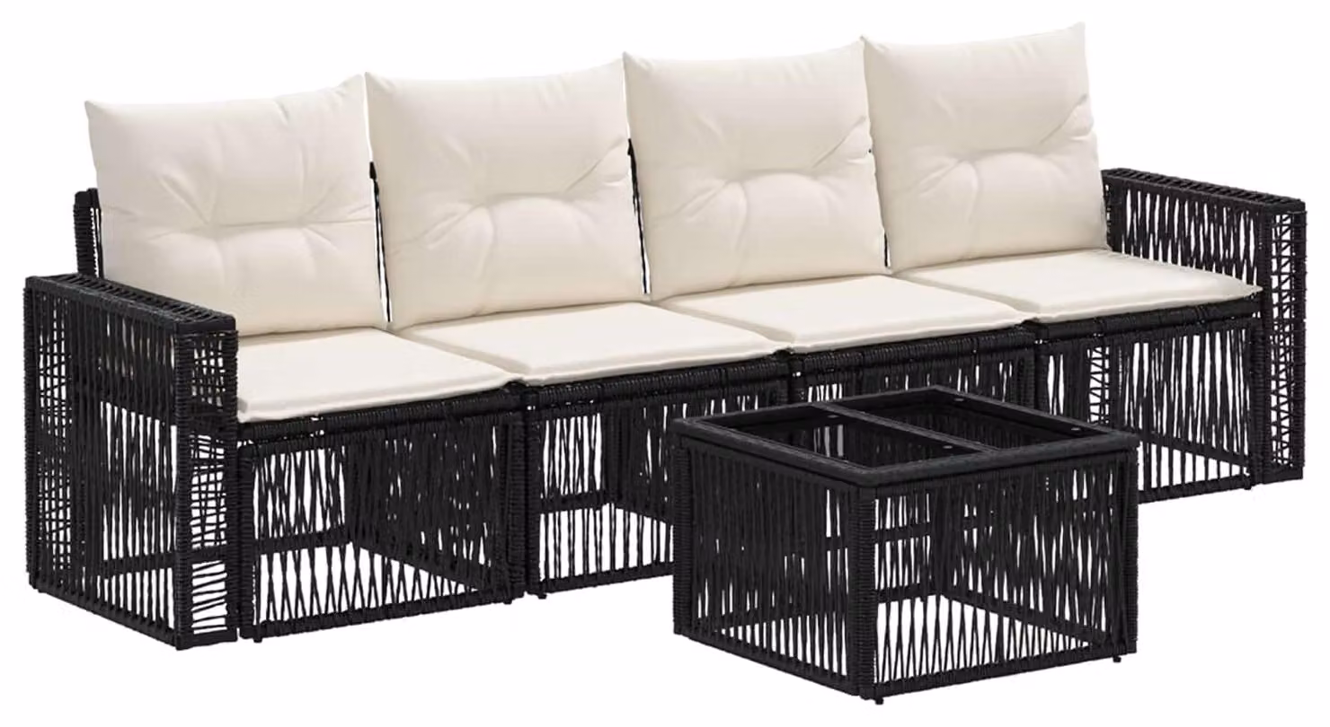 Set Divano da Giardino 5 pcs Nero e Bianco Crema polyrattan