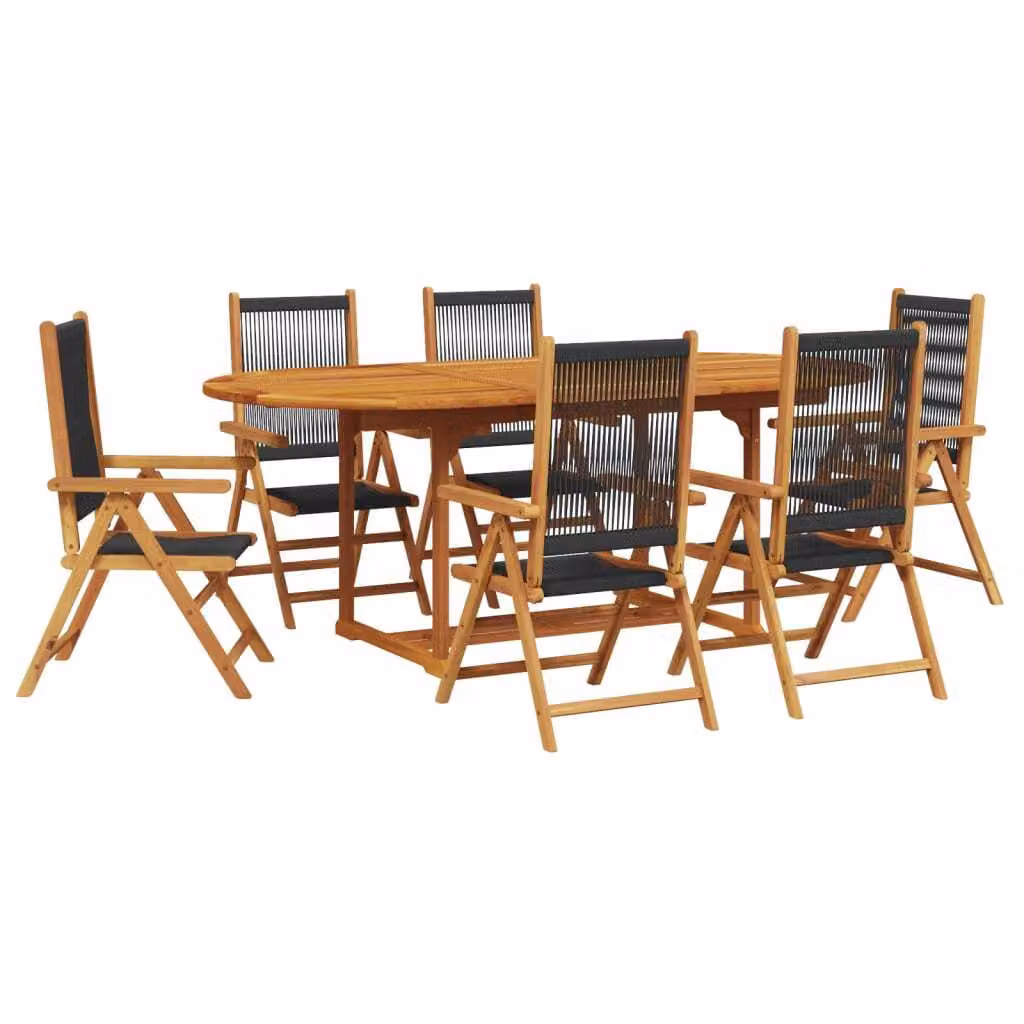 Set Pranzo da Giardino 7 pz Nero Polyrattan e Legno Massello