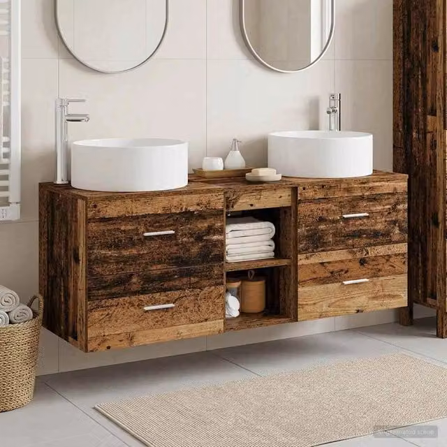 Set di mobili per il bagno 3 pezzi vidaXL in legno marrone con finitura opaca e dettagli argento, stile minimalista, composto da mobile lavabo e pensili – 1