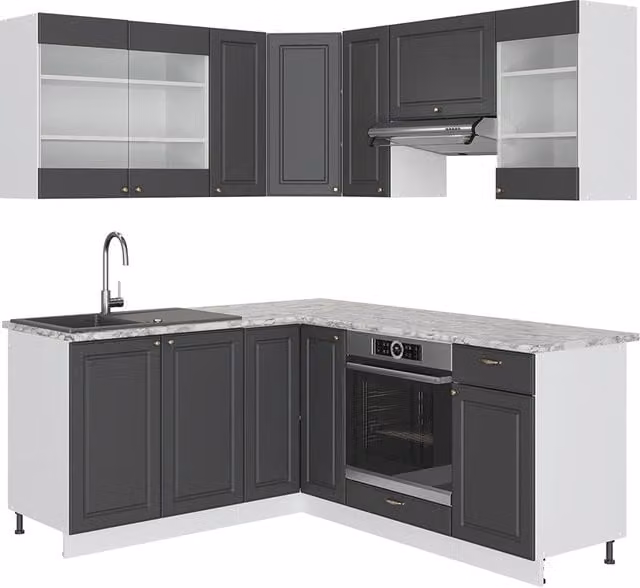 Cucina angolare moderna Vicco Fame-Line Antracite, Oro e Bianco con ante in vetro e sistema soft-close L/P/H: 190 x 160 x 206,8 cm – 1