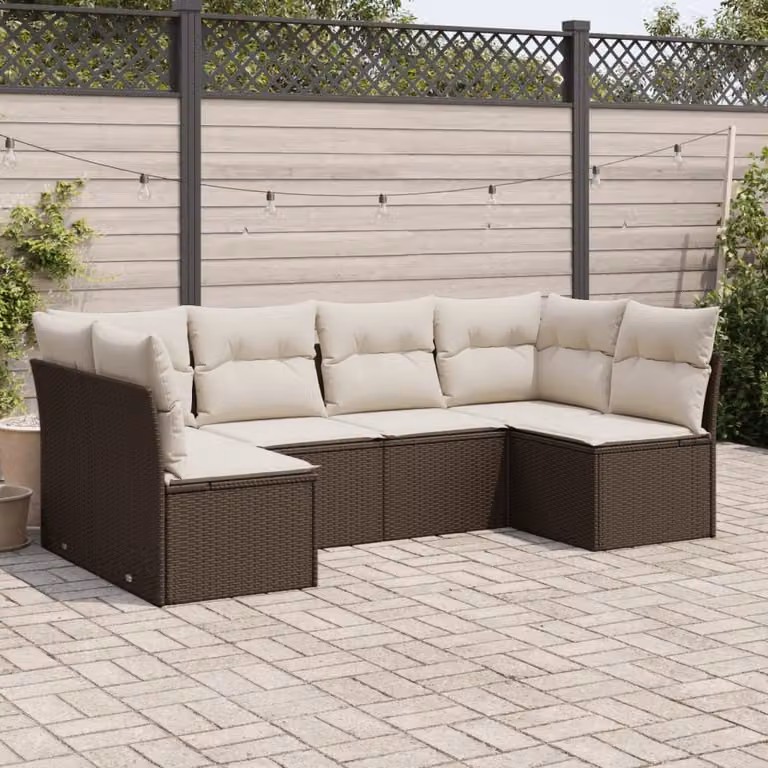vidaXL Set Divano da Giardino 6 pz a L in Polyrattan Marrone e Bianco con Cuscini Imbottiti e Rivestimenti Rimovibili