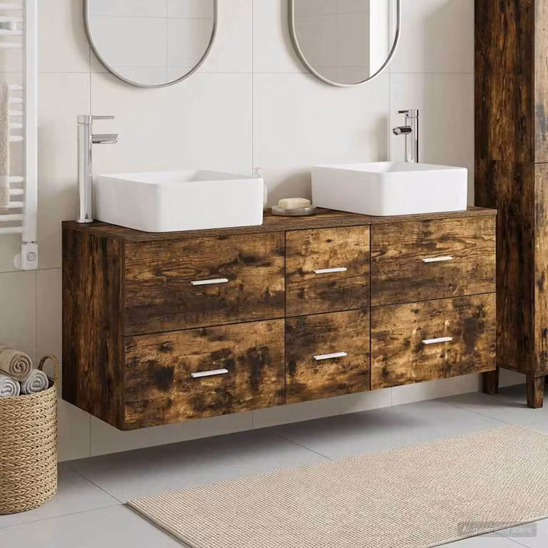 Set di 3 mobili da bagno moderni vidaXL in legno Rovere Fumo marrone, con base lavabo e pensili a parete