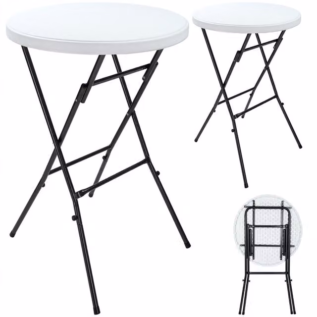 Set di 2 tavoli alti rotondi Casaria in plastica bianca e metallo pieghevoli per giardino, Ø 75 cm, H 110 cm