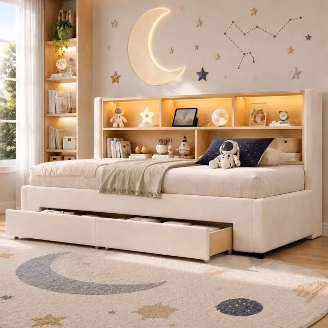 Letto divano estraibile 90×200 e 180×200 cm con 2 cassetti, mensole, USB, Type-C e LED, senza materasso, velluto beige