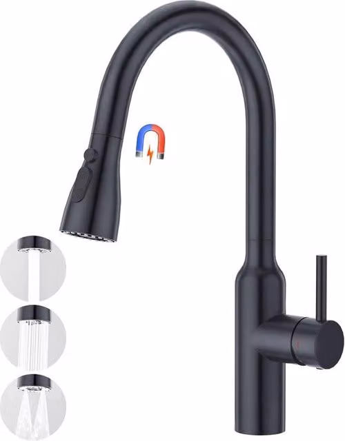 Keukenkraan conica alta con 3 getti d'acqua, doccia estensibile, rubinetto a un giro, rubinetto ad alta pressione, rubinetto di scarico, 360° girevole, realizzato in acciaio inossidabile, nero lucido.