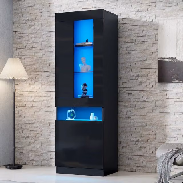 Vetrina con LED USB 2 ripiani in vetro vano aperto e anta in legno frontali lucidi neri 50 × 40 × 180 cm