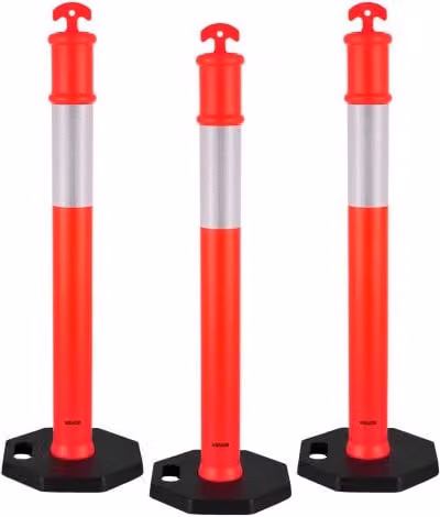 Set di 3 paletti delimitatori del traffico VEVOR rossi con base zavorrata e strisce riflettenti, Altezza: 114 cm, Diametro: 37,5 cm