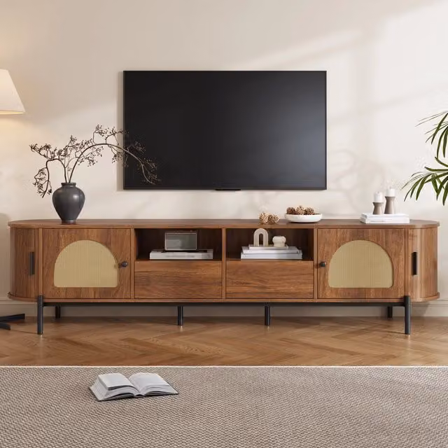 Mobile TV ovale con 4 ante, 2 cassetti, vani aperti e passacavi, per soggiorno, in mdf, noce, 200 × 40 × 49.5 cm