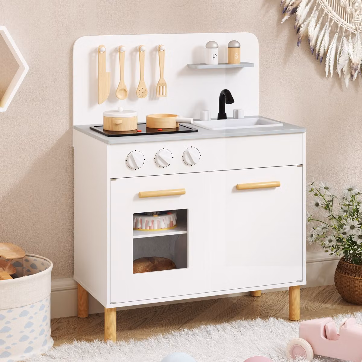 Set da cucina per bambini Costway in legno bianco con luci e accessori, gioco educativo con spazio di archiviazione